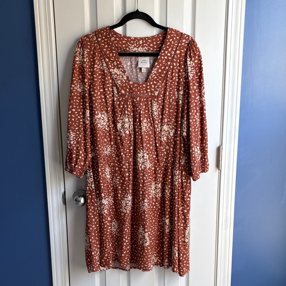 Knox Rose Floral Print Peasant Boho Mini Dress Women's Size Large Rust Cream - Picture 5 of 12